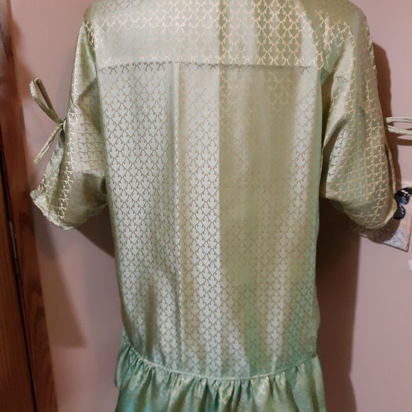 CHARMEUSE Boho Ruffled Blouse XL Mint green Gold Silky print Sexy V-neck Tie sle - Picture 6 of 12
